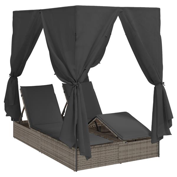 Grote foto vidaxl dubbele ligbed met dak en gordijnen grijs poly rattan tuin en terras tuinmeubelen