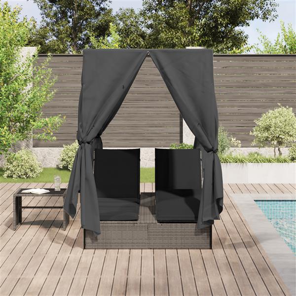Grote foto vidaxl dubbele ligbed met dak en gordijnen grijs poly rattan tuin en terras tuinmeubelen