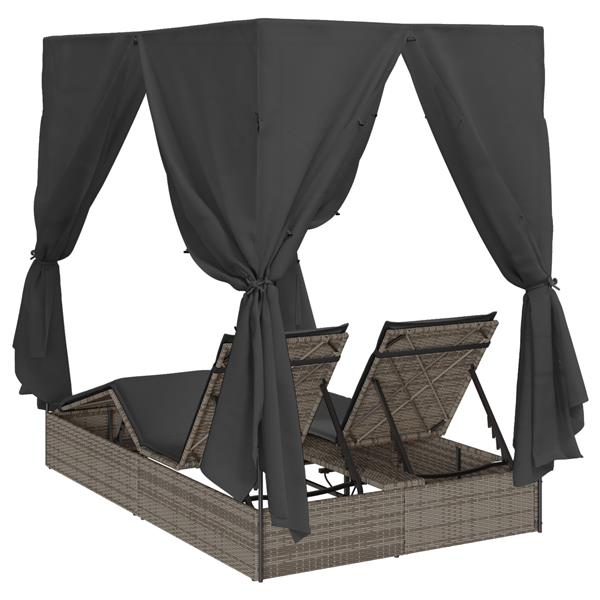 Grote foto vidaxl dubbele ligbed met dak en gordijnen grijs poly rattan tuin en terras tuinmeubelen
