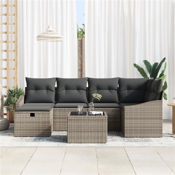Grote foto vidaxl 7 delige tuinbankenset met kussens poly rattan grijs tuin en terras tuinmeubelen