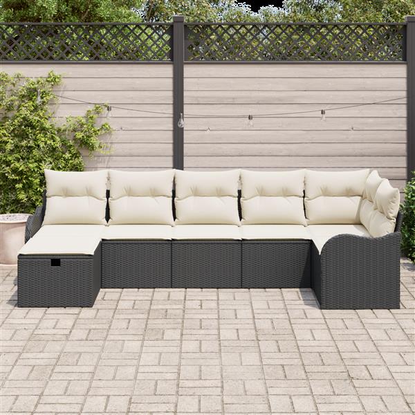 Grote foto vidaxl 7 delige tuinbankenset met kussens poly rattan zwart tuin en terras tuinmeubelen