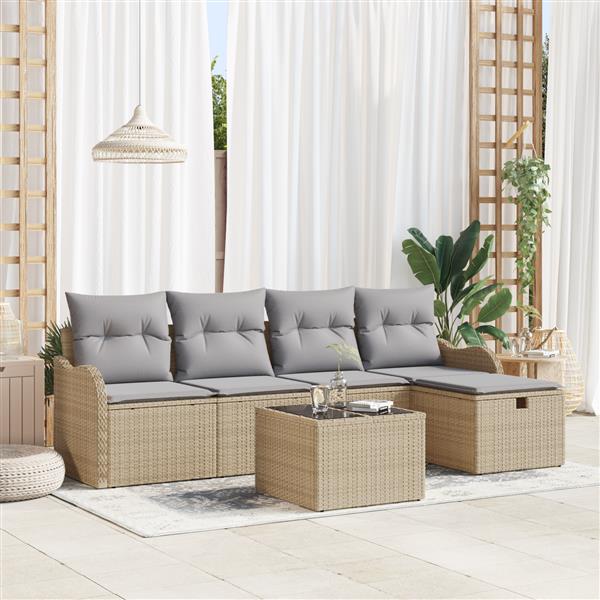 Grote foto vidaxl 6 delige tuinset met kussens in beige poly rattan tuin en terras tuinmeubelen