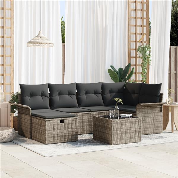 Grote foto vidaxl 7 delige tuinbankenset met kussens poly rattan grijs tuin en terras tuinmeubelen