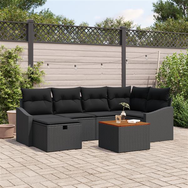 Grote foto vidaxl 7 delige tuinbankenset met kussens poly rattan zwart tuin en terras tuinmeubelen
