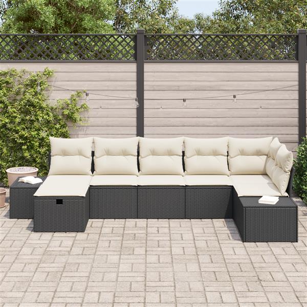 Grote foto vidaxl 7 delige tuinbankenset met kussens poly rattan zwart tuin en terras tuinmeubelen