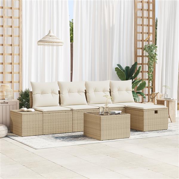 Grote foto vidaxl 6 delige loungeset met kussens beige poly rattan tuin en terras tuinmeubelen