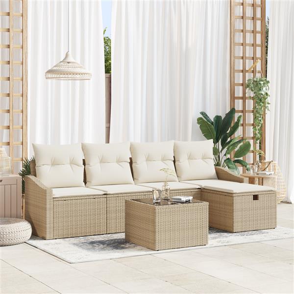 Grote foto vidaxl 6 delige tuinbankenset met kussens poly rattan beige tuin en terras tuinmeubelen