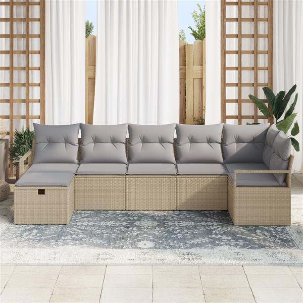 Grote foto vidaxl 7 delige tuinset met kussens in beige poly rattan tuin en terras tuinmeubelen
