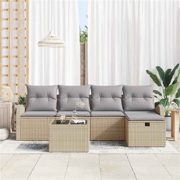 Grote foto vidaxl 6 delige tuinbankset met kussens in beige poly rattan tuin en terras tuinmeubelen