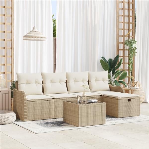 Grote foto vidaxl 6 delige tuinbankenset met kussens poly rattan beige tuin en terras tuinmeubelen