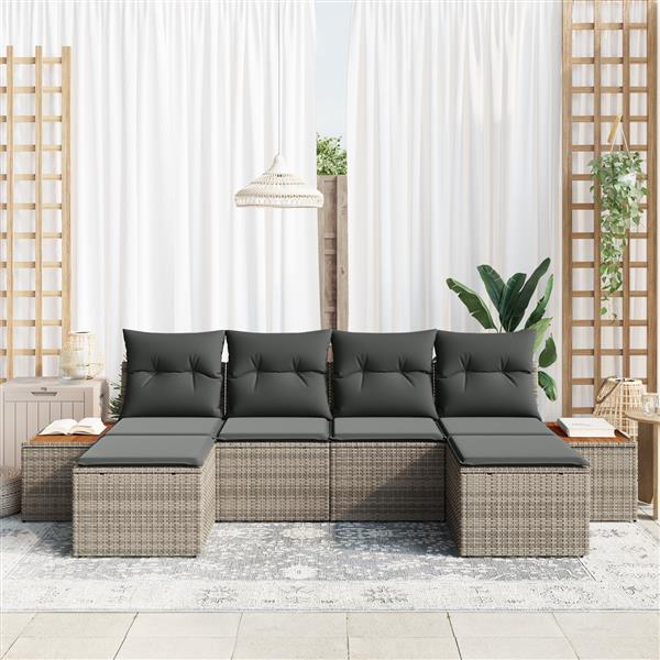 Grote foto vidaxl 6 delige tuinbankenset met kussens poly rattan acacia grijs tuin en terras tuinmeubelen