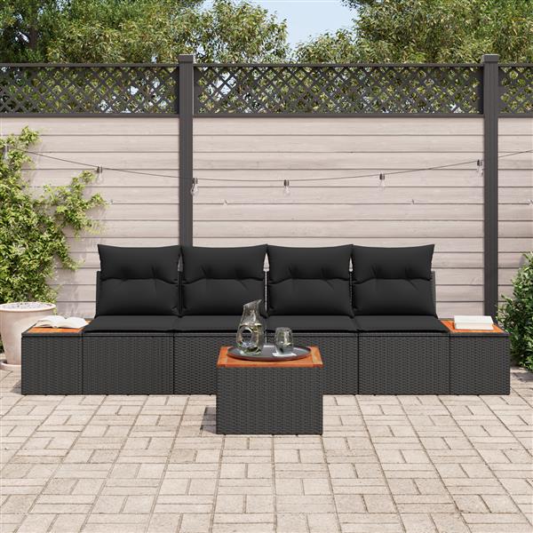 Grote foto vidaxl 5 delige loungeset voor buiten met kussens zwart poly rattan acacia tuin en terras tuinmeubelen