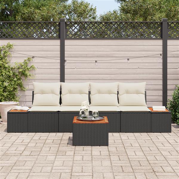 Grote foto vidaxl 5 delige tuinsofa set met kussens zwart poly rattan en acaciahout tuin en terras tuinmeubelen