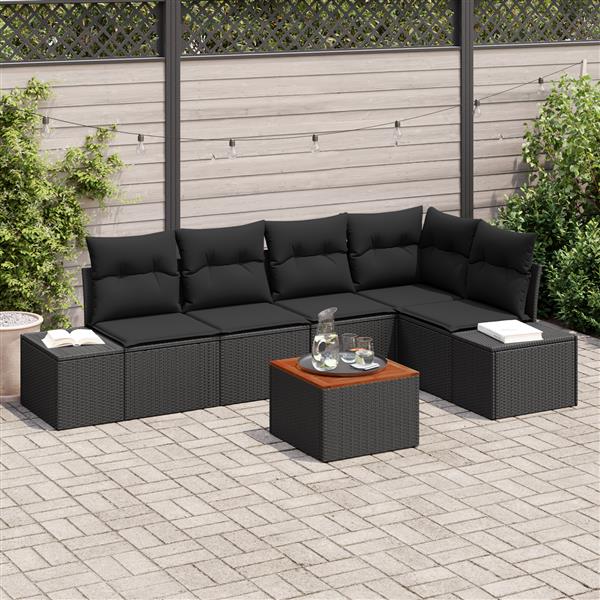 Grote foto vidaxl 6 delige tuinbankenset met kussens poly rattan en acacia zwart tuin en terras tuinmeubelen