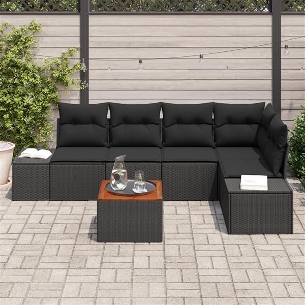 Grote foto vidaxl 6 delige tuinbankenset met kussens poly rattan en acacia zwart tuin en terras tuinmeubelen