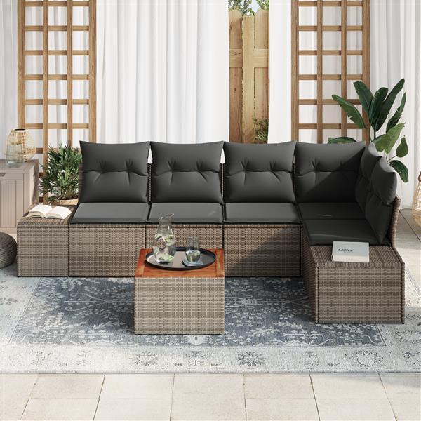 Grote foto vidaxl 6 delige tuinbankenset met kussens poly rattan en acacia grijs tuin en terras tuinmeubelen