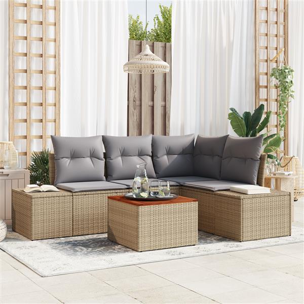 Grote foto vidaxl 5 delige tuinbankset met kussens beige poly rattan en acacia tuin en terras tuinmeubelen