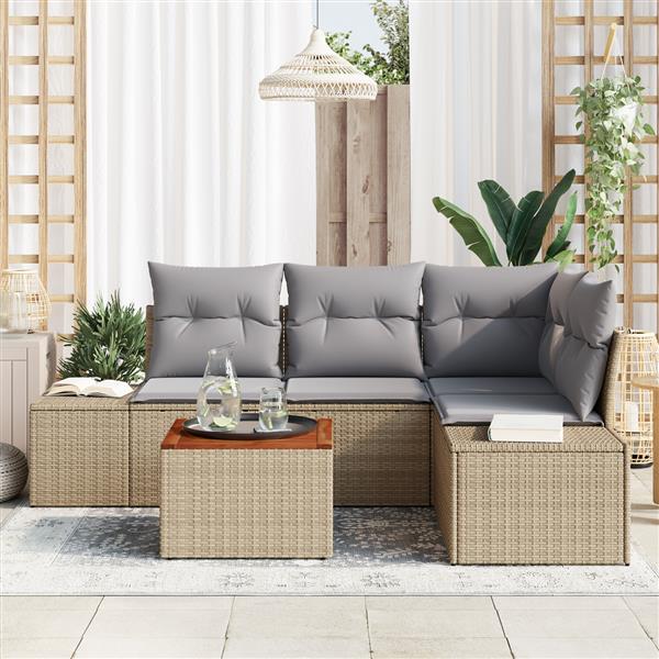 Grote foto vidaxl 5 delige tuinbankset met kussens beige poly rattan en acacia tuin en terras tuinmeubelen