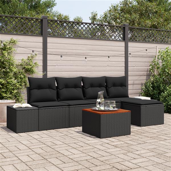 Grote foto vidaxl 6 delige tuinbankenset met kussens poly rattan en acacia zwart tuin en terras tuinmeubelen