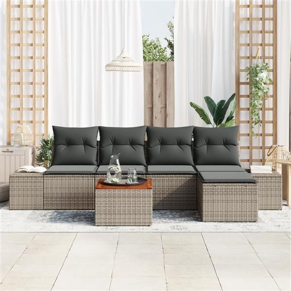 Grote foto vidaxl 6 delige tuinset met kussens in grijs poly rattan en acacia tuin en terras tuinmeubelen