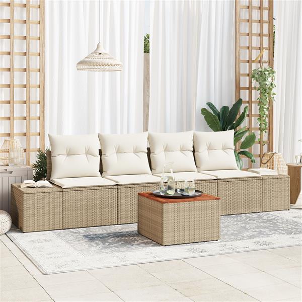 Grote foto vidaxl 5 delige tuinsofa set met kussens in beige poly rattan en acaciahout tuin en terras tuinmeubelen