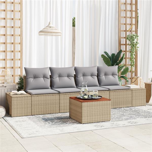 Grote foto vidaxl 5 delige tuinbank set met kussens beige poly rattan acacia tuin en terras tuinmeubelen