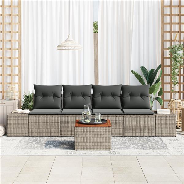Grote foto vidaxl 5 delige tuinset met kussens grijs poly rattan en acacia tuin en terras tuinmeubelen