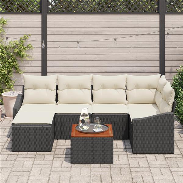 Grote foto vidaxl 7 delige tuinsofa set met kussens in zwart poly rattan en acacia tuin en terras tuinmeubelen