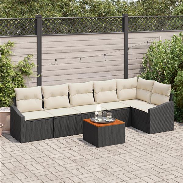 Grote foto vidaxl 7 delige tuinset met kussens zwart poly rattan en acacia tuin en terras tuinmeubelen