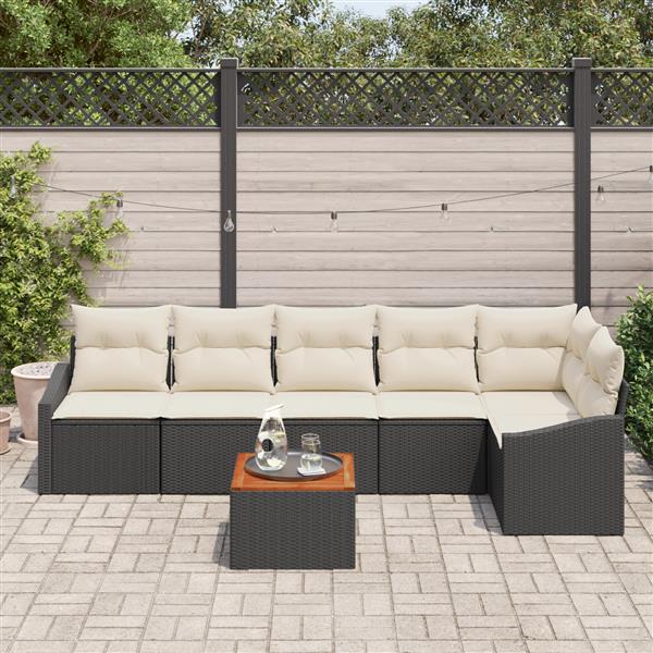 Grote foto vidaxl 7 delige tuinset met kussens zwart poly rattan en acacia tuin en terras tuinmeubelen