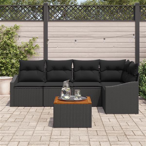 Grote foto vidaxl 6 delige tuinset met kussens zwart poly rattan en acaciahout tuin en terras tuinmeubelen