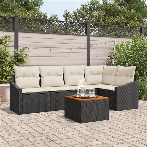 Grote foto vidaxl 6 delige tuinbankset met kussens zwart poly rattan acaciahout tuin en terras tuinmeubelen