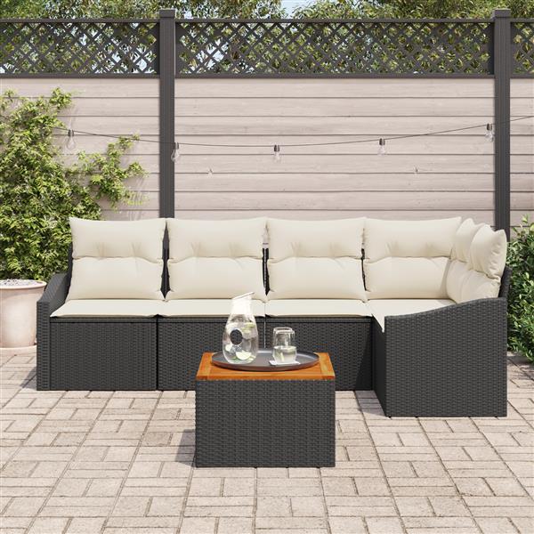 Grote foto vidaxl 6 delige tuinbankset met kussens zwart poly rattan acaciahout tuin en terras tuinmeubelen