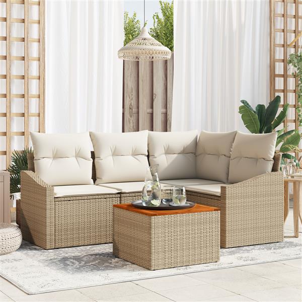 Grote foto vidaxl 5 delige tuinset met kussens in beige van poly rattan en acacia tuin en terras tuinmeubelen