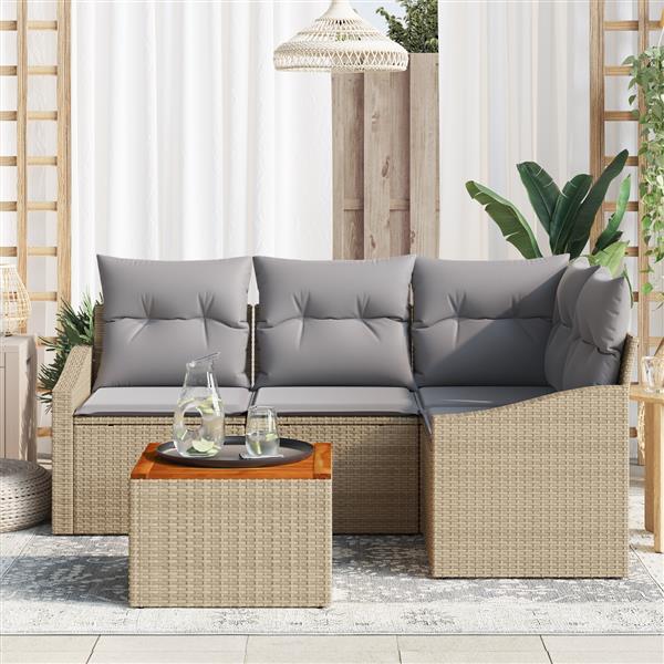 Grote foto vidaxl 5 delige tuinset met kussens in beige van poly rattan en acacia tuin en terras tuinmeubelen