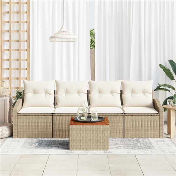 Grote foto vidaxl 5 delige tuinset met kussens in beige poly rattan en acacia tuin en terras tuinmeubelen