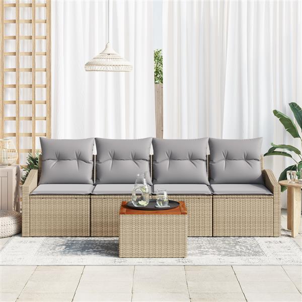 Grote foto vidaxl 5 delige tuinsofa set met kussens in beige poly rattan en acacia tuin en terras tuinmeubelen