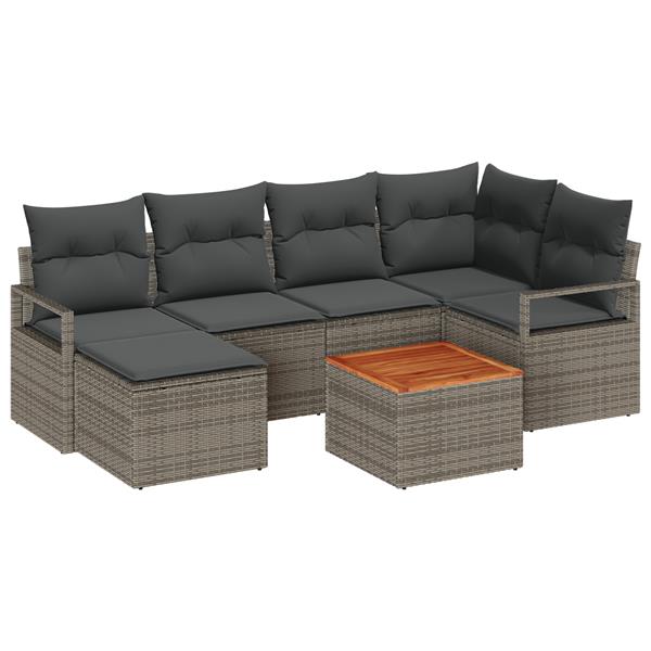 Grote foto vidaxl 7 delige tuinbankenset met kussens poly rattan acacia grijs tuin en terras tuinmeubelen