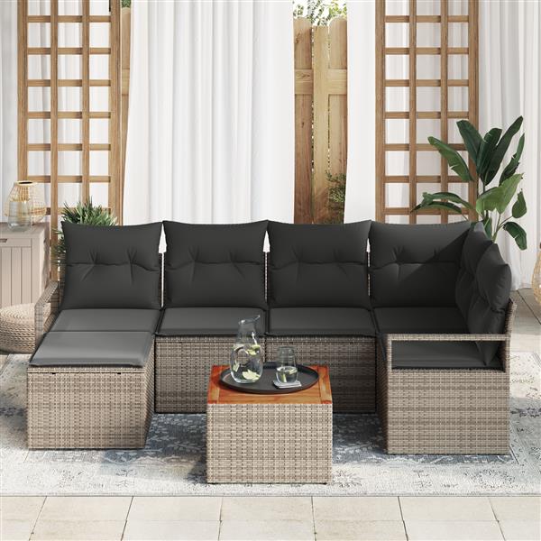 Grote foto vidaxl 7 delige tuinbankenset met kussens poly rattan acacia grijs tuin en terras tuinmeubelen