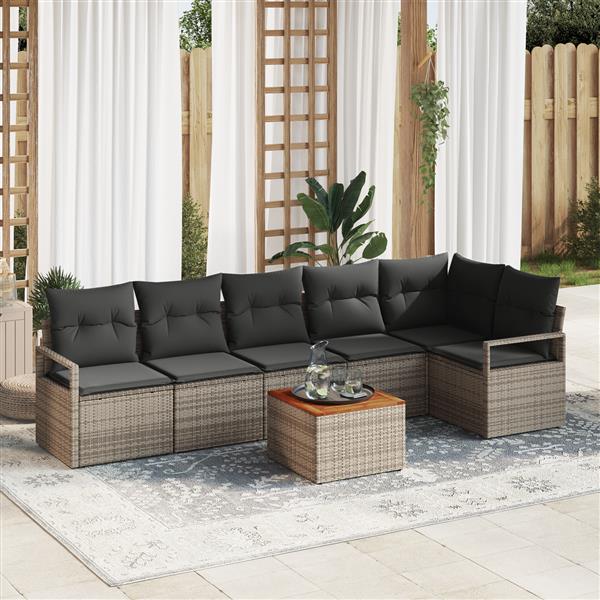 Grote foto vidaxl 7 delige tuinset met kussens in grijs poly rattan en acacia tuin en terras tuinmeubelen