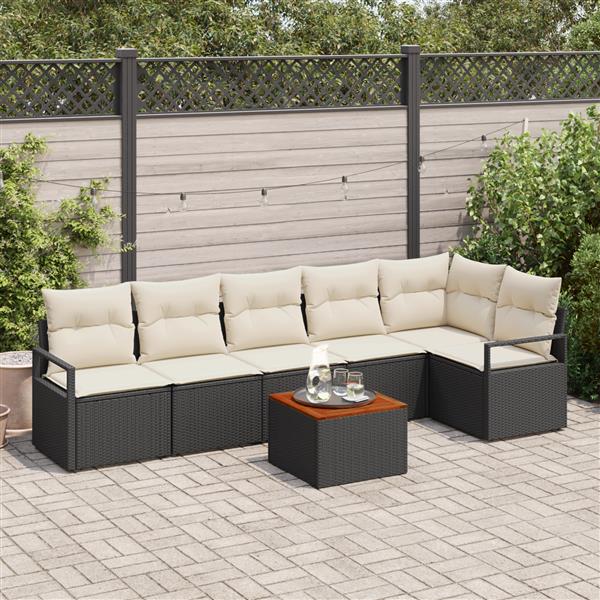 Grote foto vidaxl 7 delige tuinset met kussens zwart poly riet acacia tuin en terras tuinmeubelen