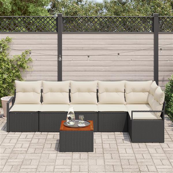 Grote foto vidaxl 7 delige tuinset met kussens zwart poly riet acacia tuin en terras tuinmeubelen