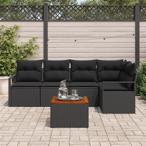 Grote foto vidaxl 6 delige tuinset met kussens in zwart poly rattan en acacia tuin en terras tuinmeubelen