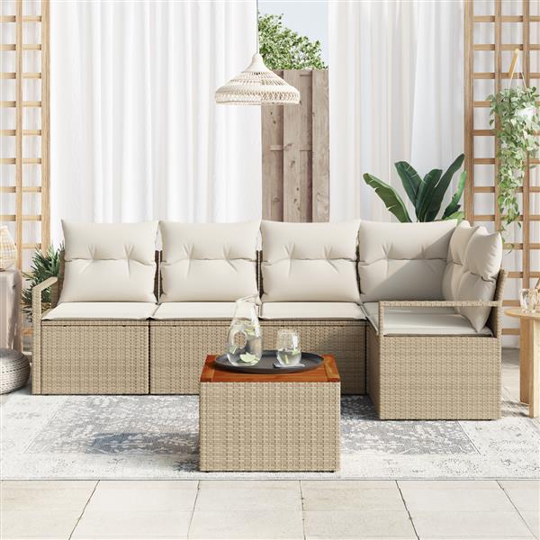 Grote foto vidaxl 6 delige tuinset met kussens in beige poly rattan en acacia tuin en terras tuinmeubelen