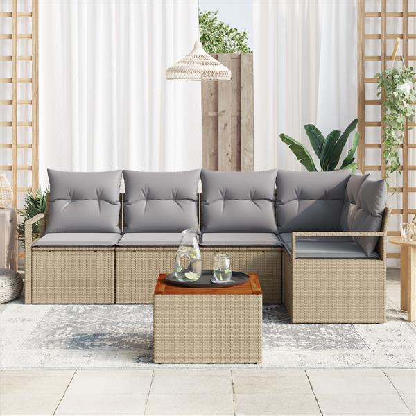 Grote foto vidaxl 6 delige tuin sofa set met kussens in beige van poly rattan en acacia tuin en terras tuinmeubelen