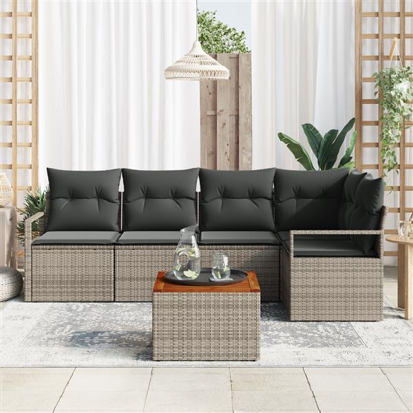 Grote foto vidaxl 6 delige tuinbank set met kussens grijs poly rattan en acacia tuin en terras tuinmeubelen