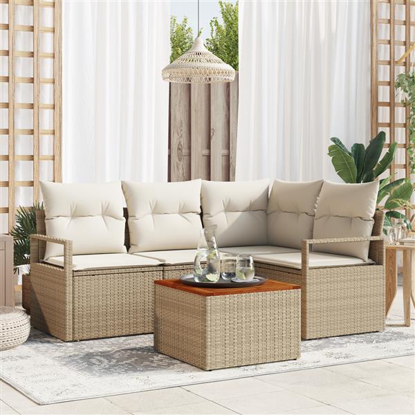 Grote foto vidaxl 5 delige tuinbankenset met kussens poly rattan acacia beige tuin en terras tuinmeubelen