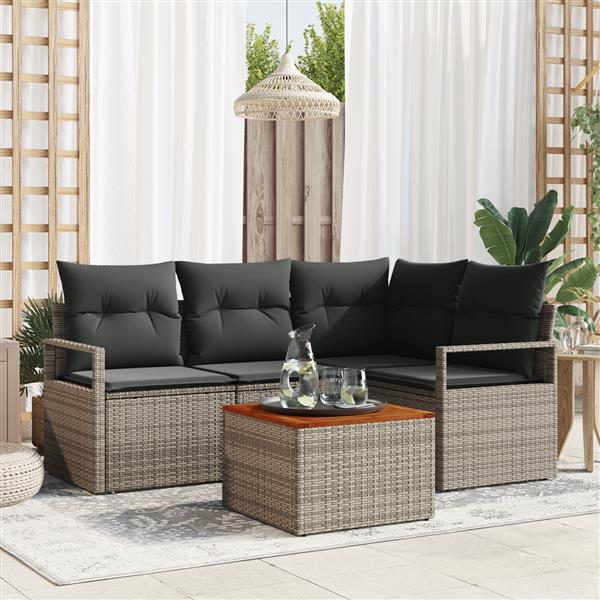 Grote foto vidaxl 5 delige tuinbankenset met kussens poly rattan acacia grijs tuin en terras tuinmeubelen