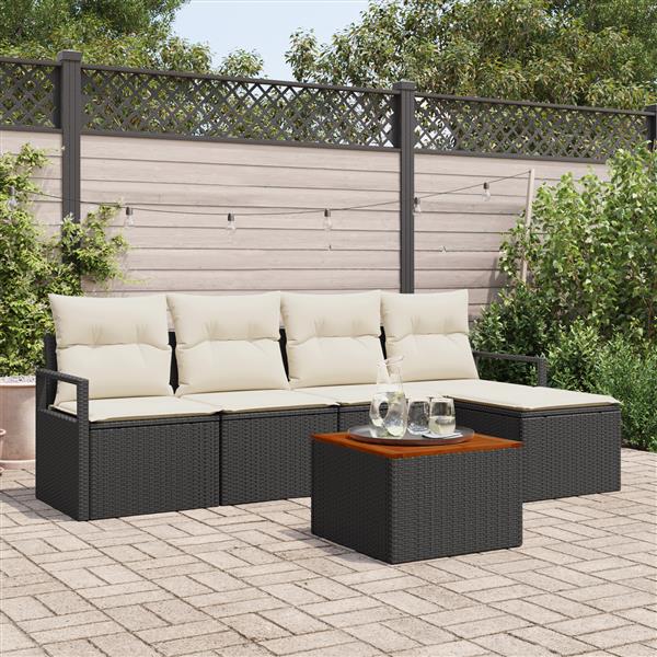 Grote foto vidaxl 6 persoons tuinbank set met kussens zwart poly rattan acacia tuin en terras tuinmeubelen