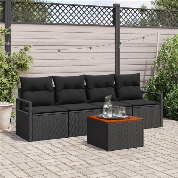 Grote foto vidaxl 5 delige tuinbankenset met kussens poly rattan acacia zwart tuin en terras tuinmeubelen
